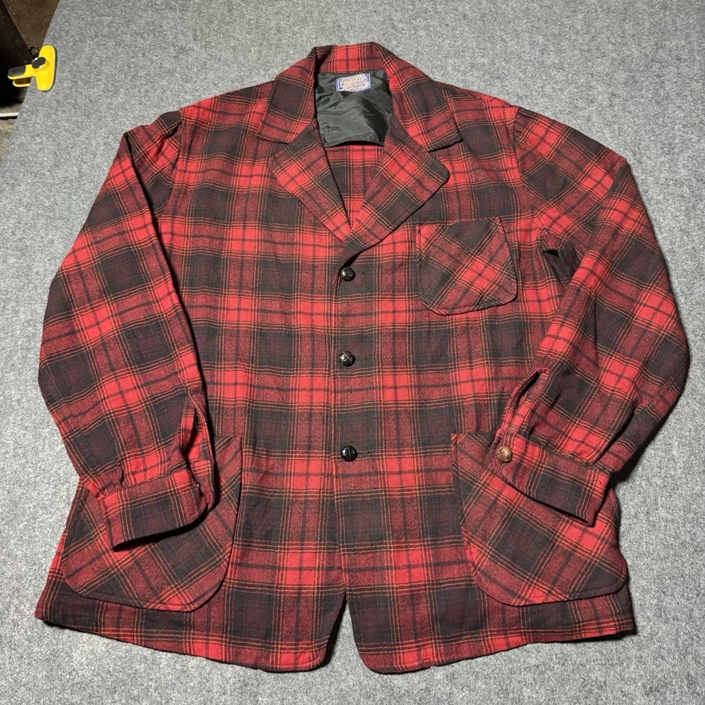 Vtg 1960s Pendleton Plaid Wool Chore Jacket Red Shirt Coat Size XL Outdoor Hunt